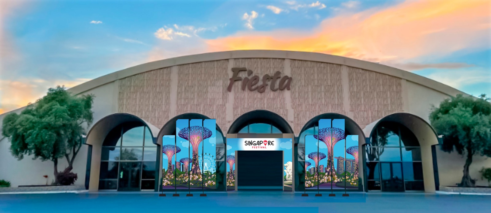 Fiesta venue exterior with Singapore Fest banners