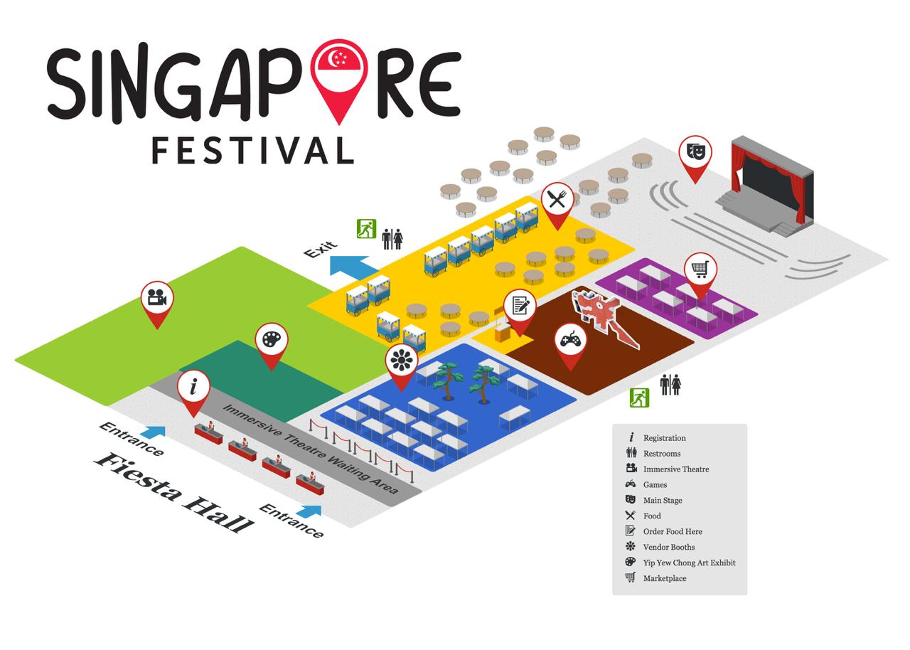 Fiesta venue exterior with Singapore Fest banners